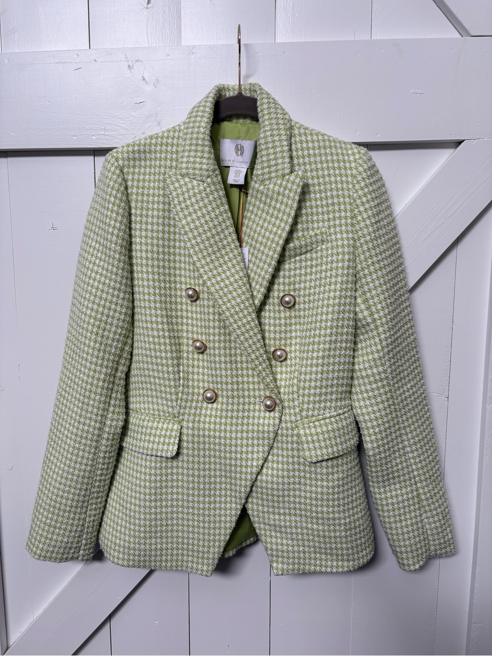 NWT House of Harlow 1960 lime green blazer faux pearl buttons tweed XS
